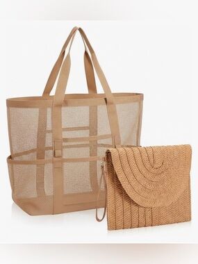 2Pcs Beach Bags for Women, Straw Clutch Purse & Summer Large Mesh Beach Tote Bag